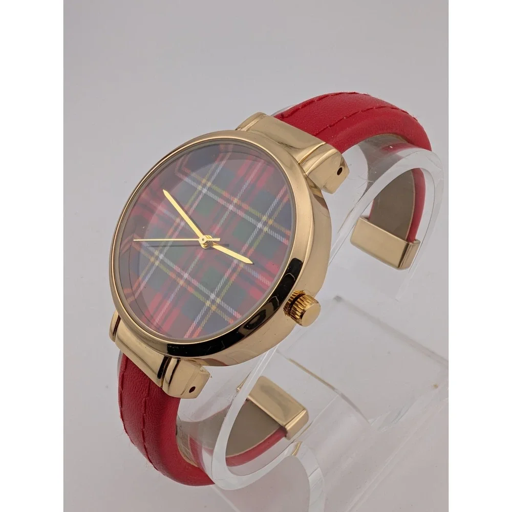 Women's Red/Green Plaid Dial Watch Gold 35mm Case Red Bangle Band- New Battery